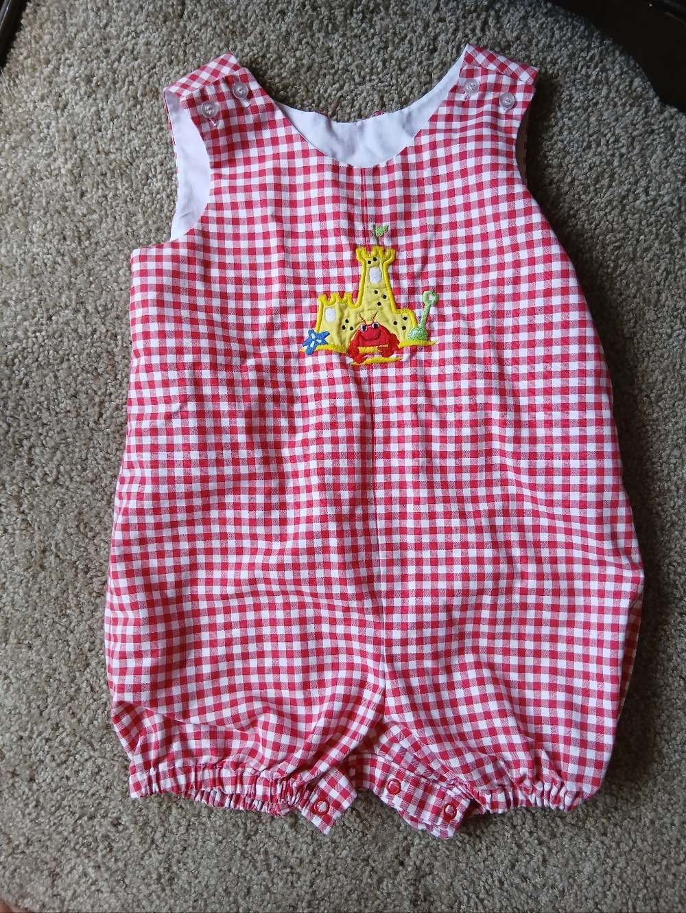 Fast Friends Gingham Toddler Bubble Romper with Sandcastle Applique